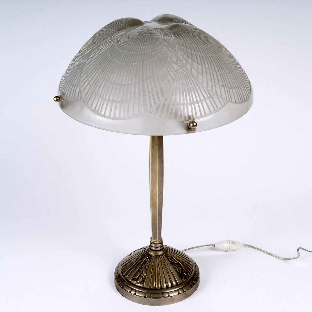 1924 René Lalique - Art Deco Lamp Coquilles Shell Glass And Bronze-photo-3