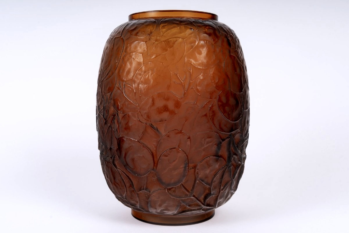 1914 René Lalique - Vase Monnaie Du Pape Verre Ambre-photo-2