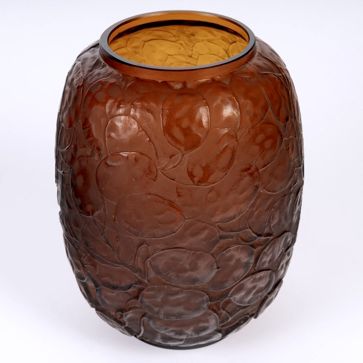 1914 René Lalique - Vase Monnaie Du Pape Verre Ambre-photo-3
