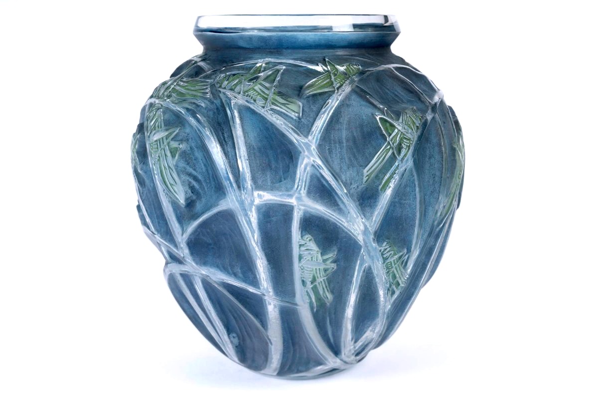 1912 René Lalique - Vase Sauterelles Grasshoppers Glass With Blue And Green Patina-photo-2