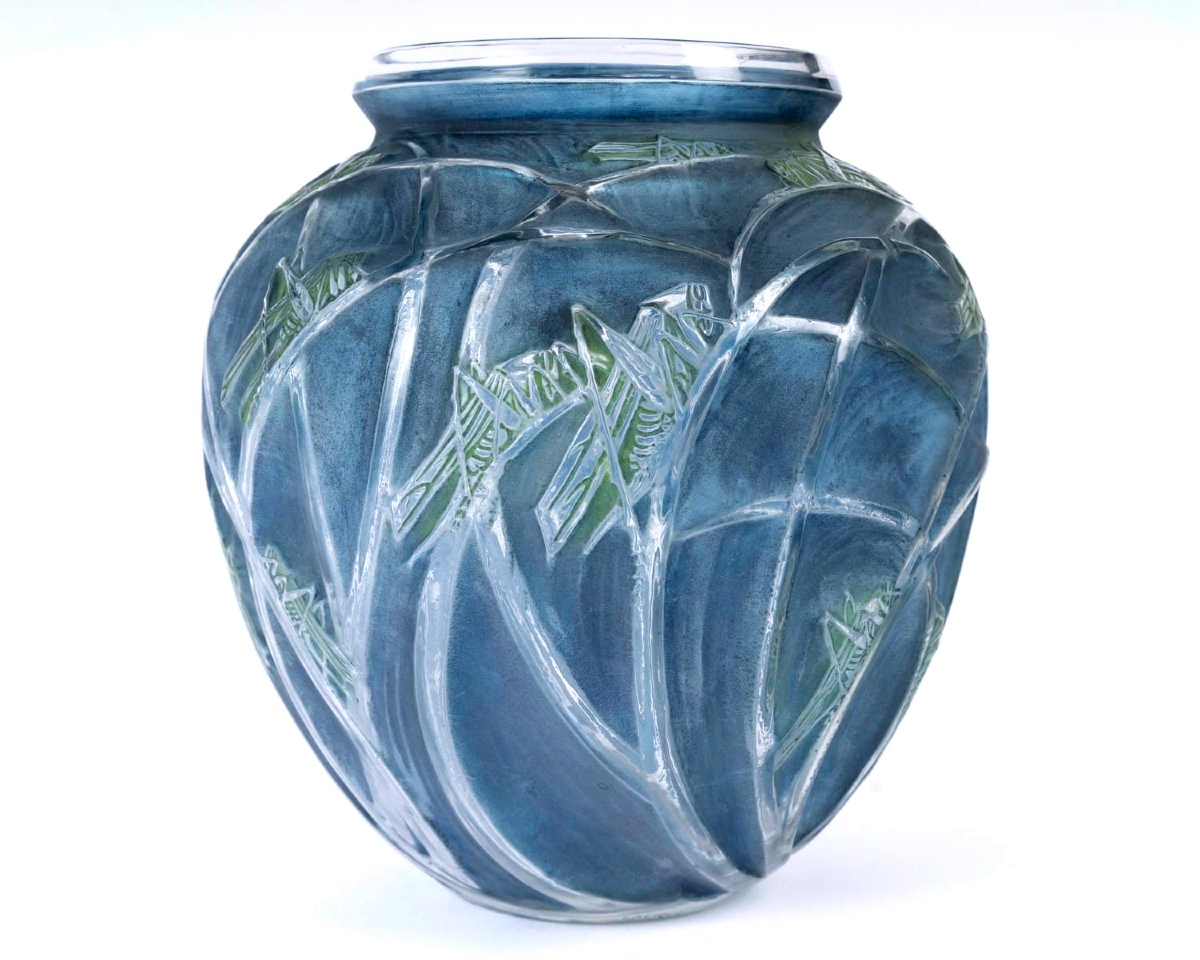 1912 René Lalique - Vase Sauterelles Grasshoppers Glass With Blue And Green Patina-photo-3
