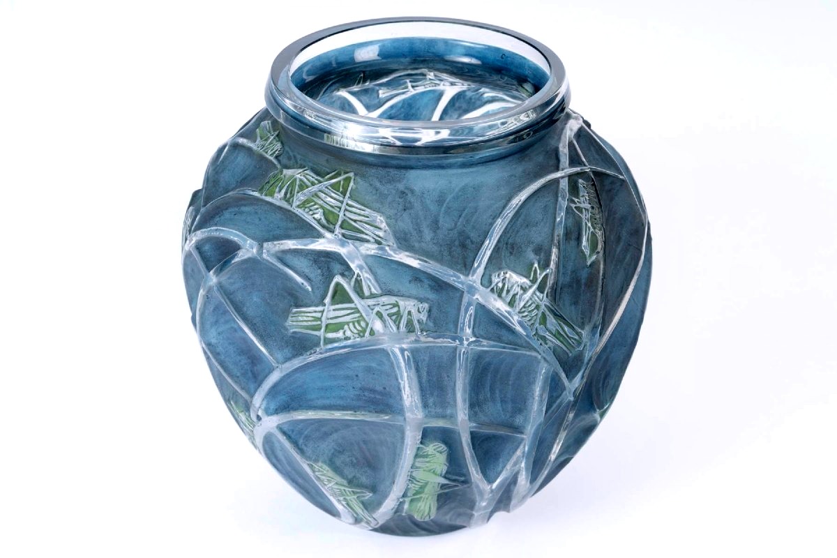 1912 René Lalique - Vase Sauterelles Grasshoppers Glass With Blue And Green Patina-photo-4