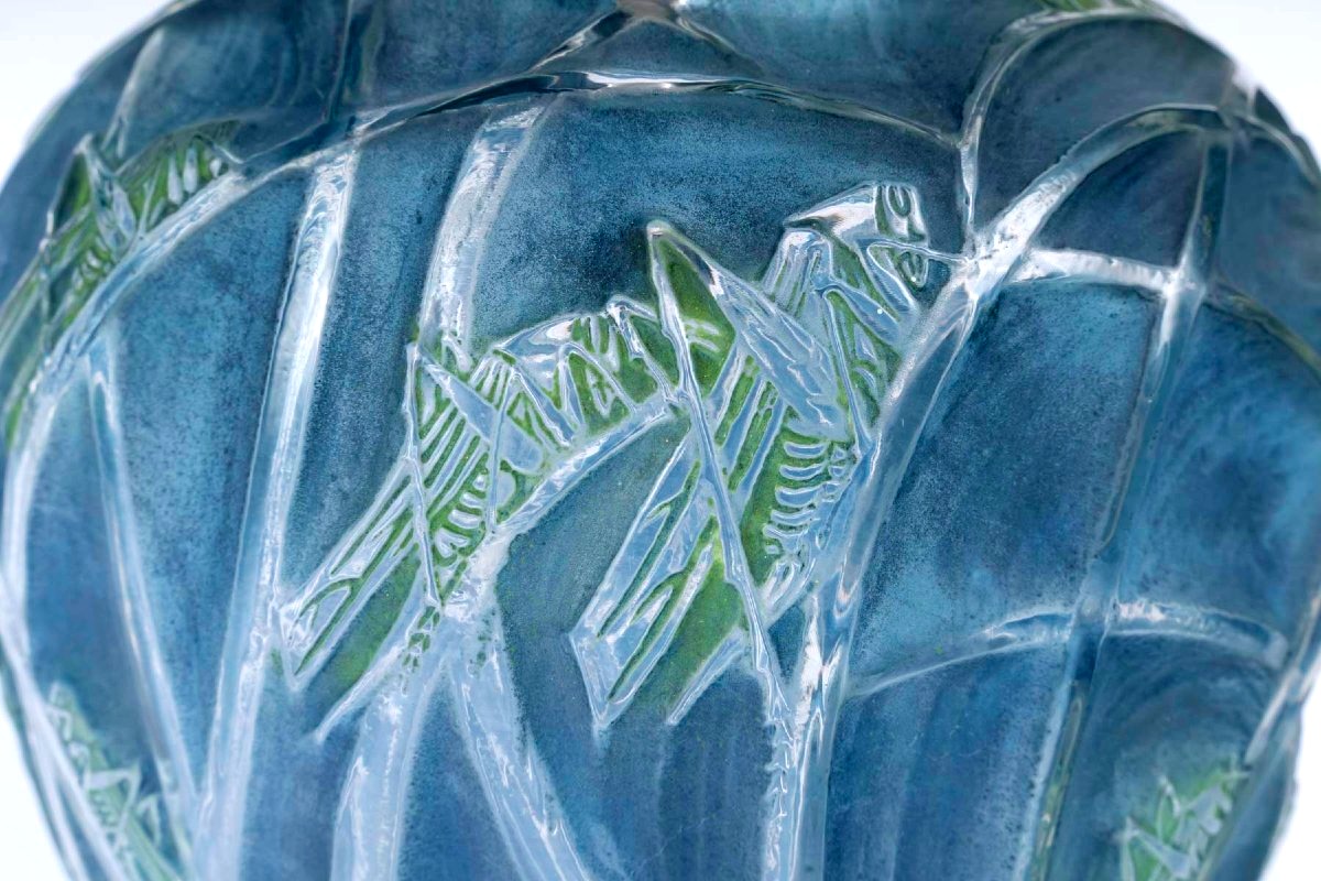 1912 René Lalique - Vase Sauterelles Grasshoppers Glass With Blue And Green Patina-photo-1