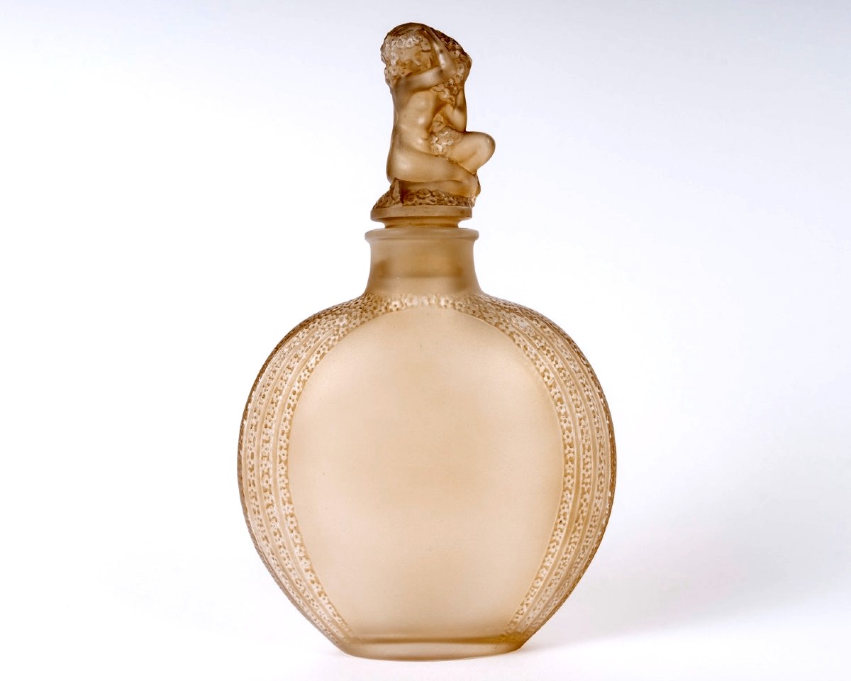 1928 René Lalique - Flacon Myosotis N°1 Verre Blanc Patiné Sépia