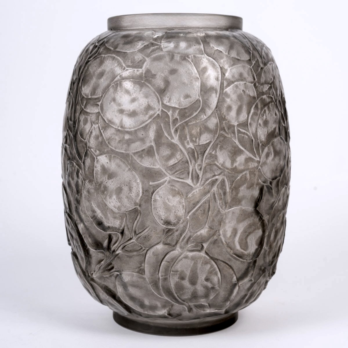 1914 René Lalique - Vase Monnaie Du Pape Verre Blanc Patiné Gris-photo-2