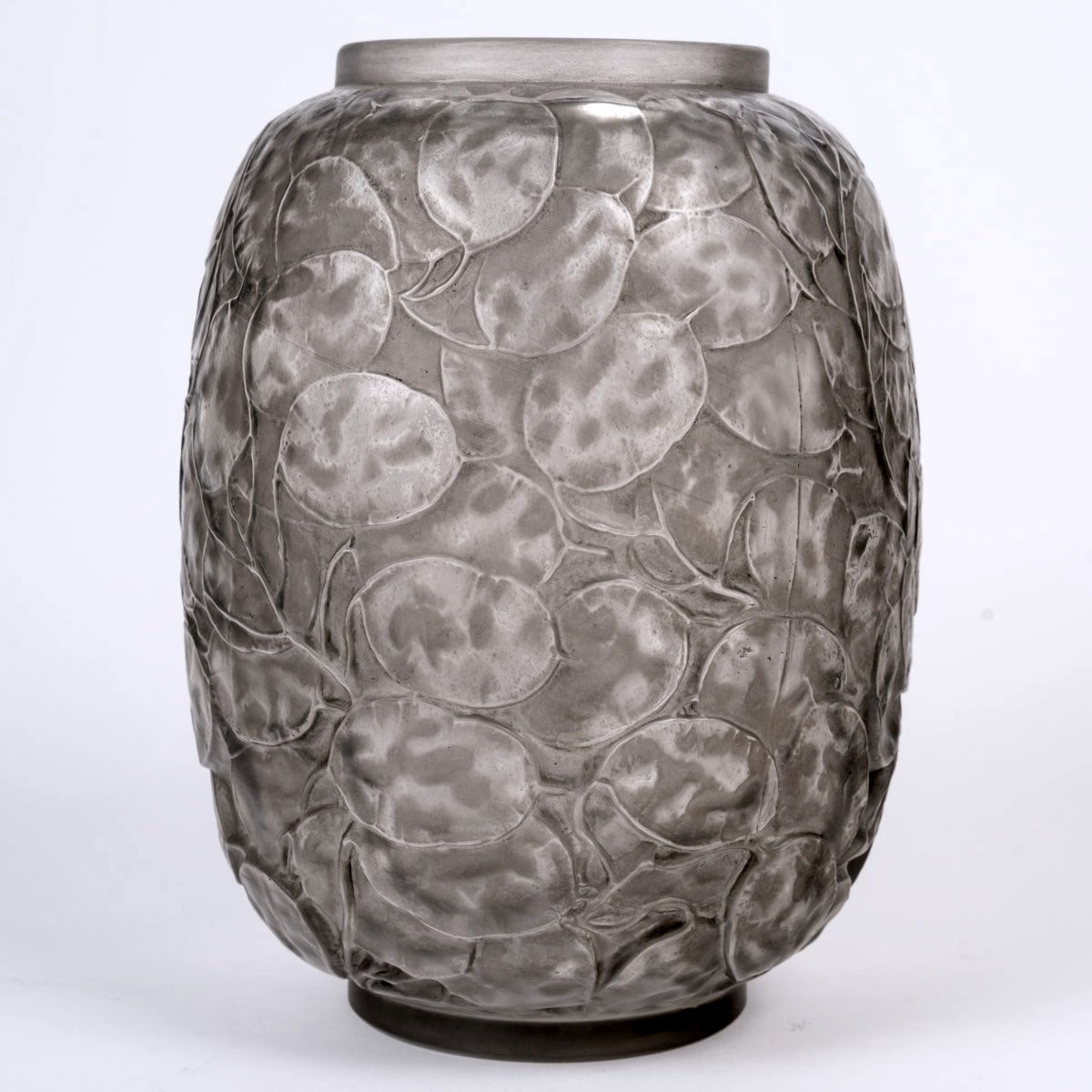 1914 René Lalique - Vase Monnaie Du Pape Verre Blanc Patiné Gris