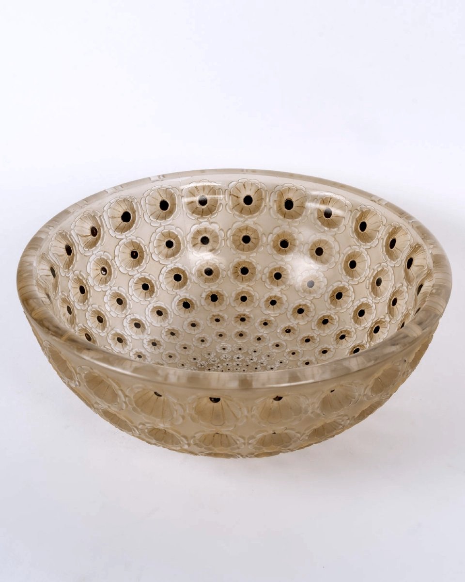 1929 René Lalique - Coupe Nemours Verre Blanc Patiné Sépia et Emaillé Marron 