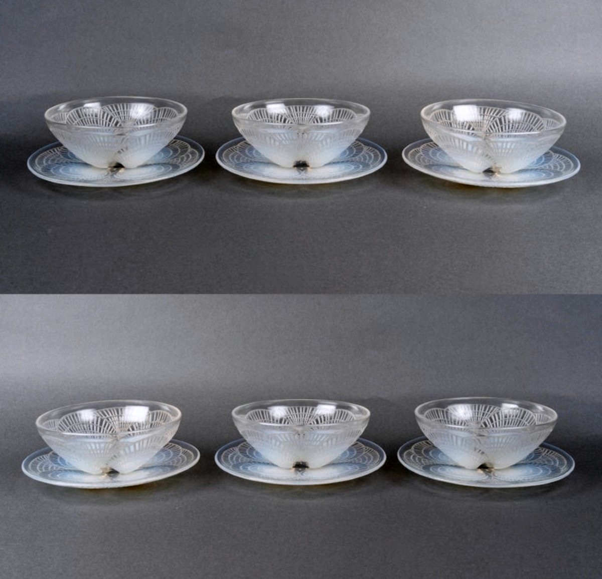 1924 René Lalique - Service Coquilles Verre Opalescent Assiettes et Bols - 12 Pièces-photo-2