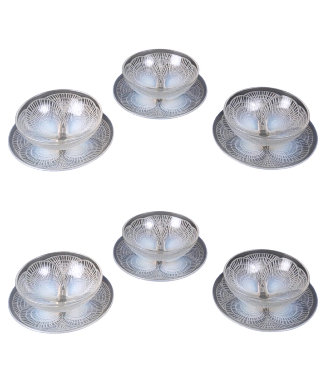 1924 René Lalique - Service Coquilles Verre Opalescent Assiettes et Bols - 12 Pièces