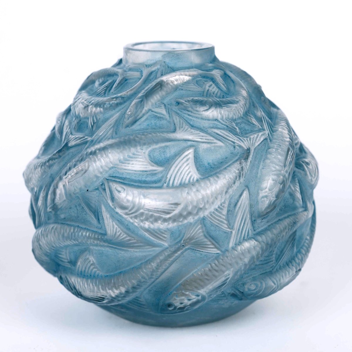 1927 René Lalique - Vase Oléron Verre Blanc Patiné Bleu-photo-2