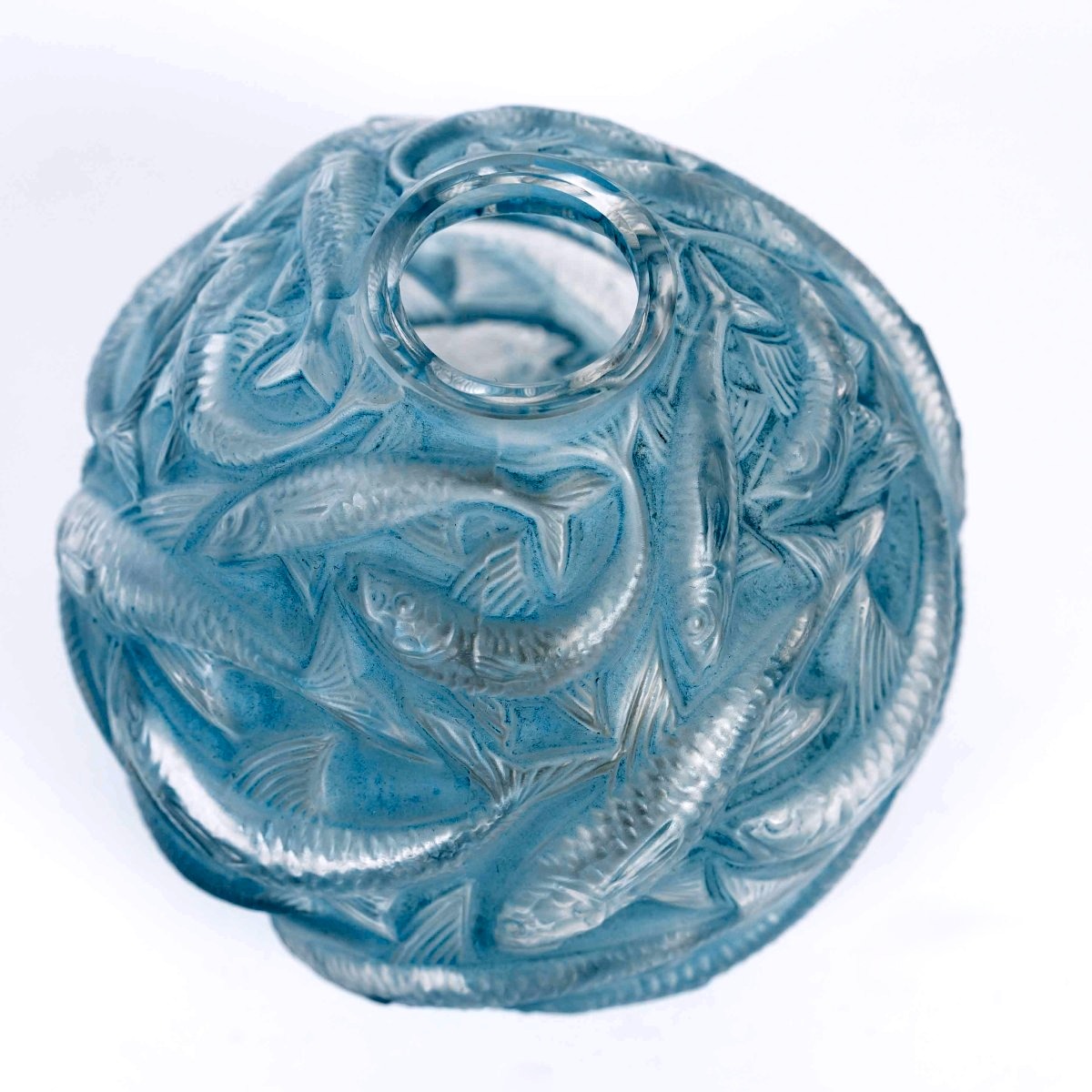 1927 René Lalique - Vase Oléron Verre Blanc Patiné Bleu-photo-3