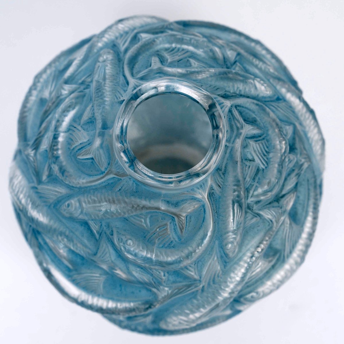 1927 René Lalique - Vase Oléron Verre Blanc Patiné Bleu-photo-4