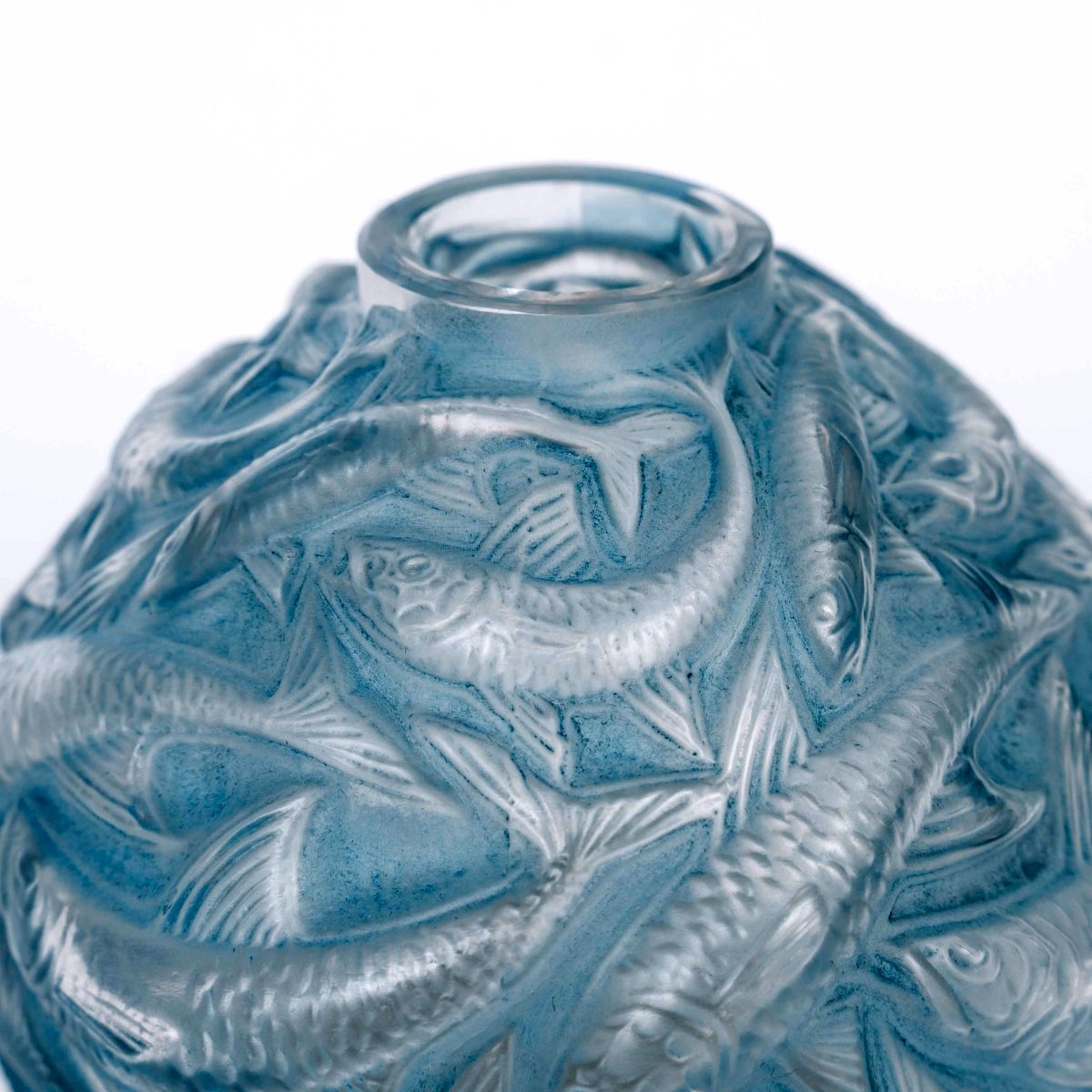 1927 René Lalique - Vase Oléron Verre Blanc Patiné Bleu-photo-1