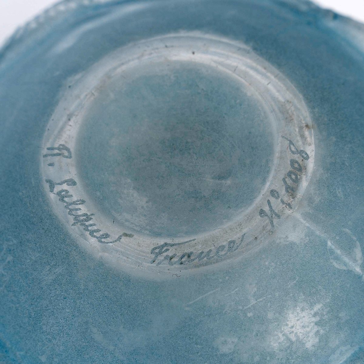 1927 René Lalique - Vase Oléron Verre Blanc Patiné Bleu-photo-2