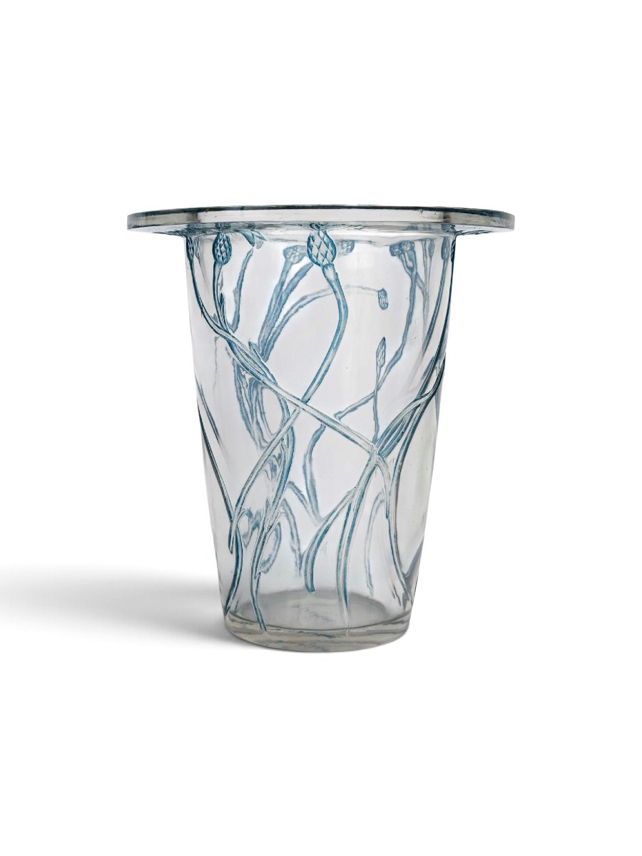 1913 René Lalique - Vase Bordure Bluets Verre Blanc Patiné Bleu-photo-2