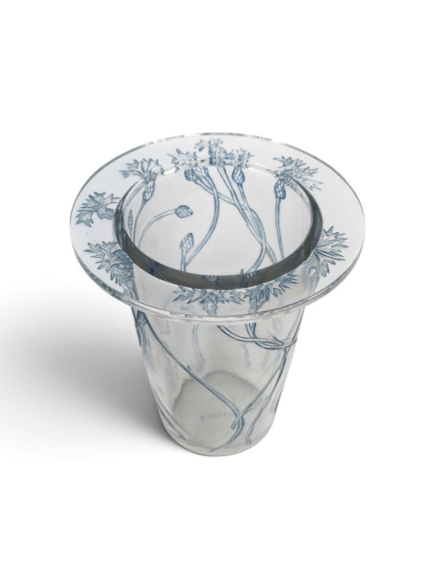 1913 René Lalique - Vase Bordure Bluets Verre Blanc Patiné Bleu-photo-4