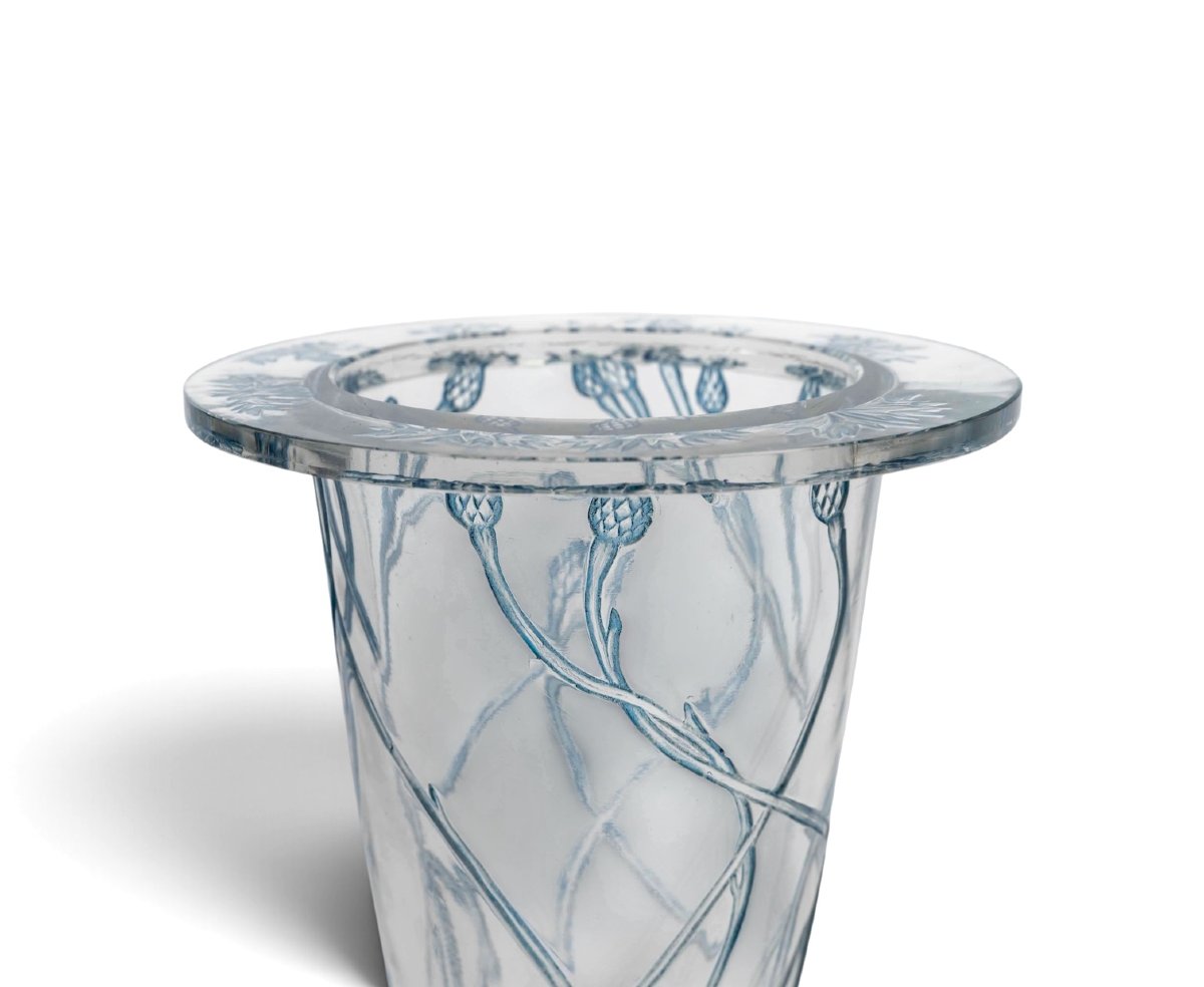 1913 René Lalique - Vase Bordure Bluets Verre Blanc Patiné Bleu-photo-2