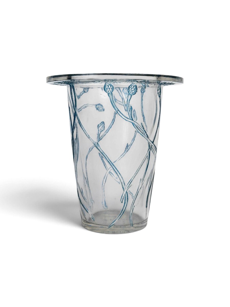 1913 René Lalique - Vase Bordure Bluets Verre Blanc Patiné Bleu