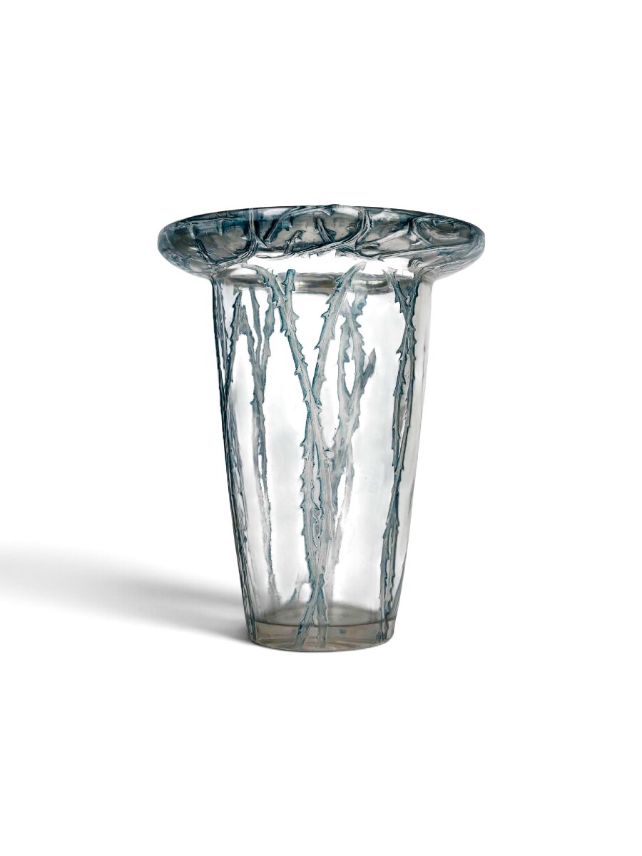 1913 René Lalique - Vase Bordure Epines Glass With Blue Patina-photo-3