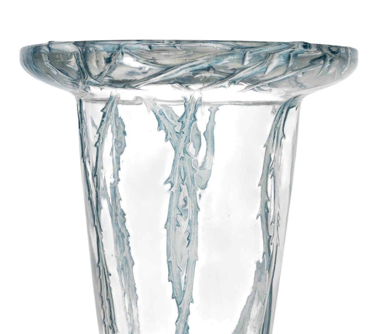 1913 René Lalique - Vase Bordure Epines Glass With Blue Patina-photo-1