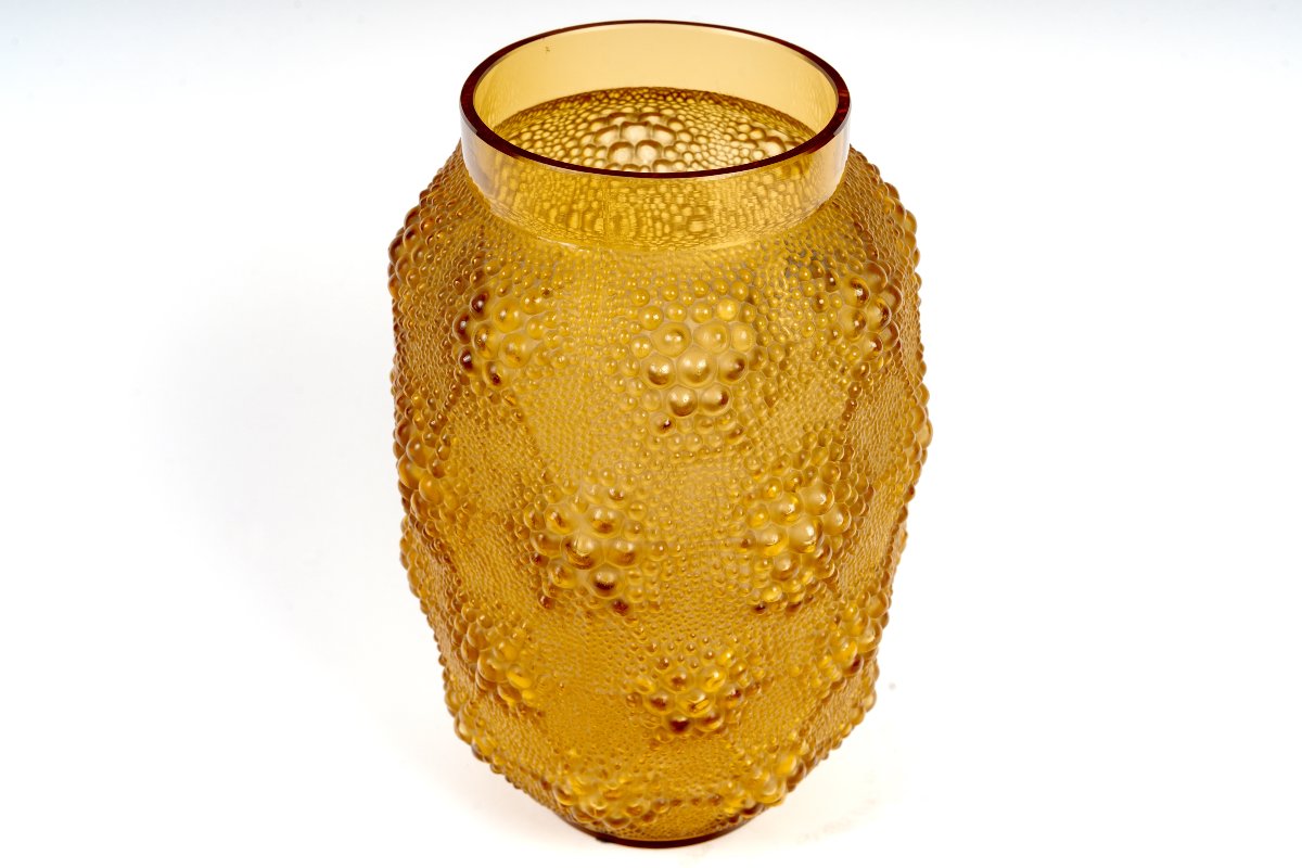1932 René Lalique - Vase Art Déco Davos Verre Jaune Ambré-photo-3