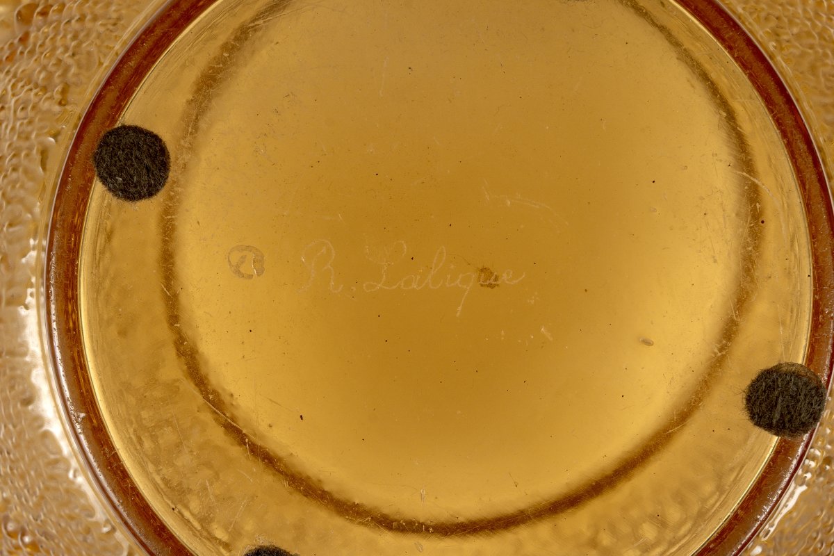 1932 René Lalique - Vase Art Déco Davos Verre Jaune Ambré-photo-1