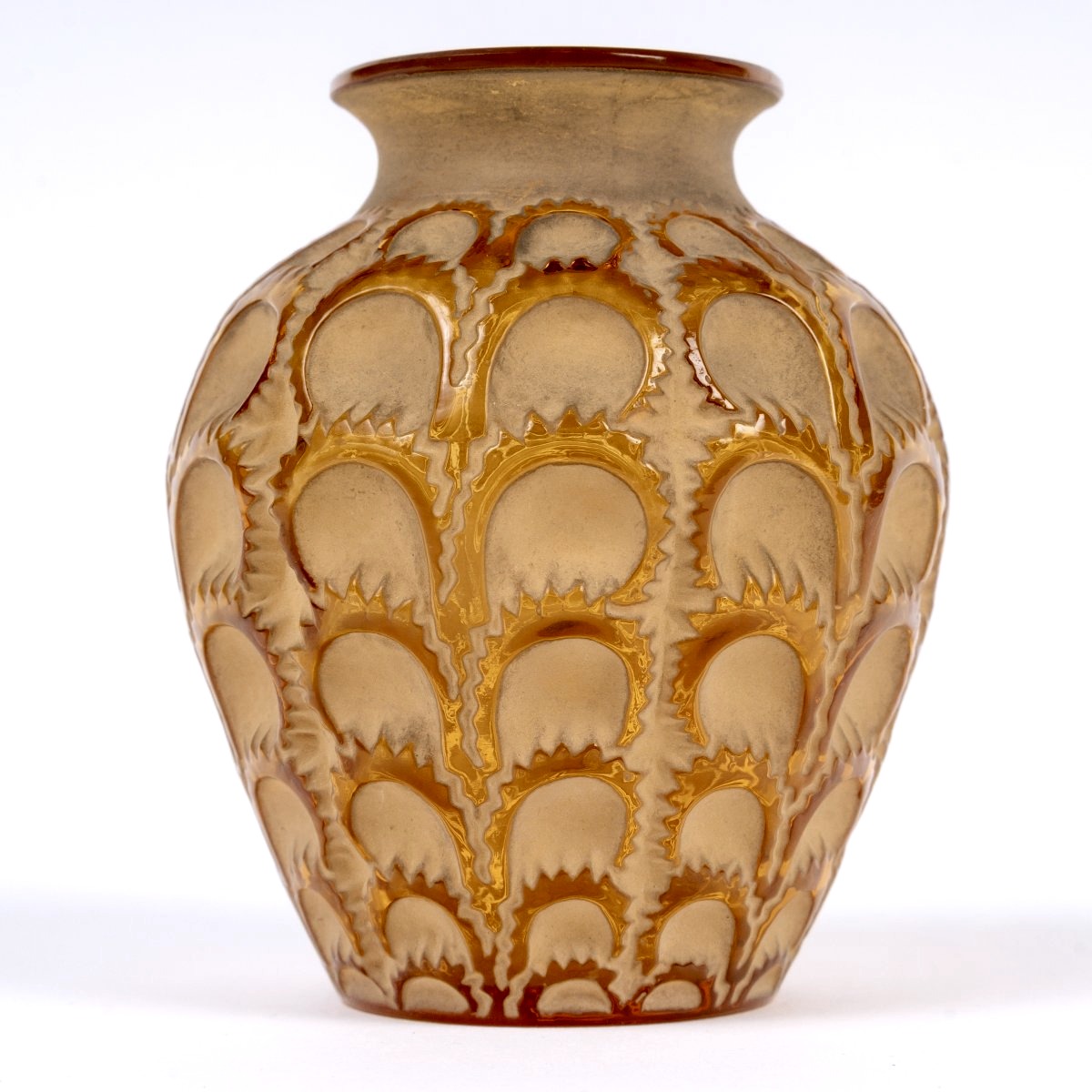 1931 René Lalique - Vase Laiterons Verre Jaune Ambré Patiné Beige-photo-2