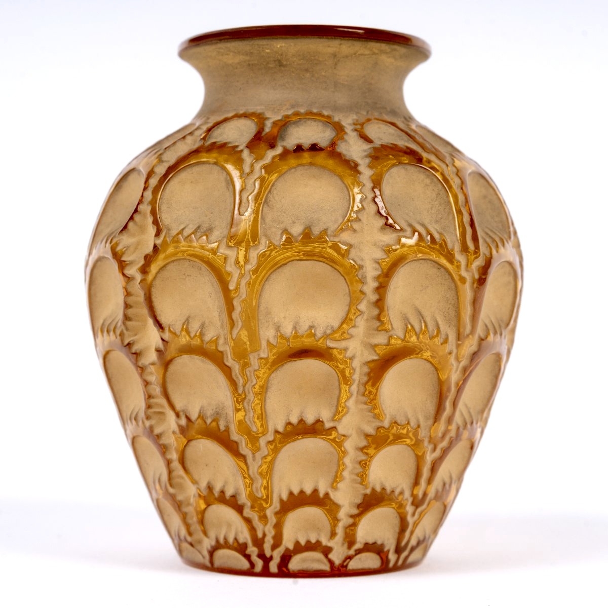 1931 René Lalique - Vase Laiterons Verre Jaune Ambré Patiné Beige-photo-3