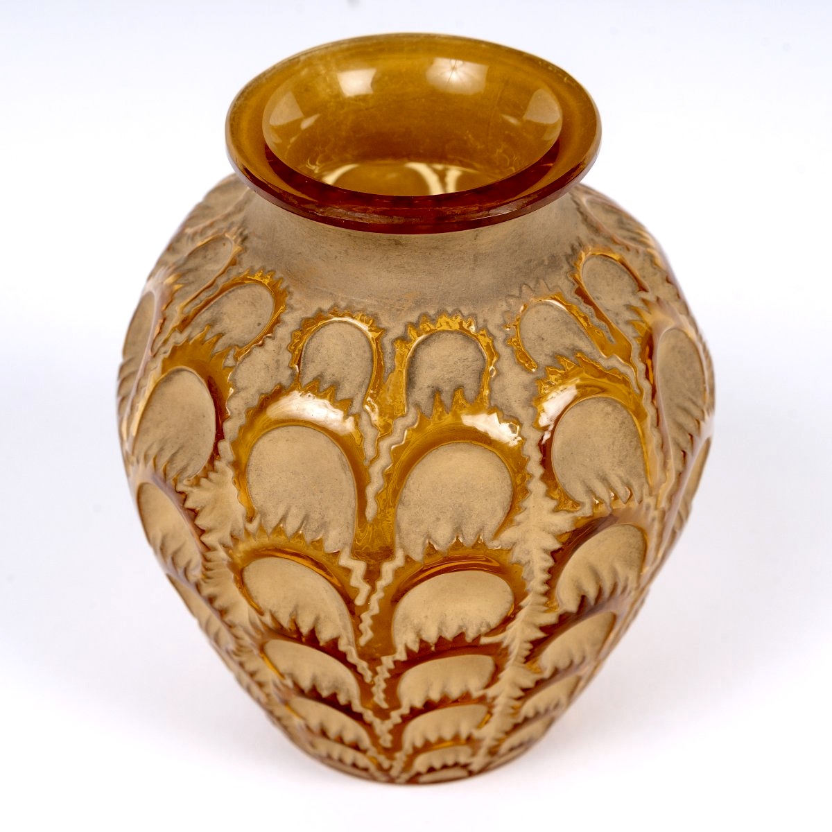 1931 René Lalique - Vase Laiterons Verre Jaune Ambré Patiné Beige-photo-4