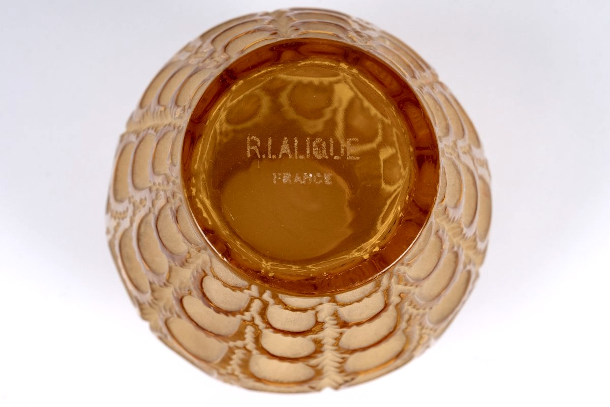 1931 René Lalique - Vase Laiterons Verre Jaune Ambré Patiné Beige-photo-1