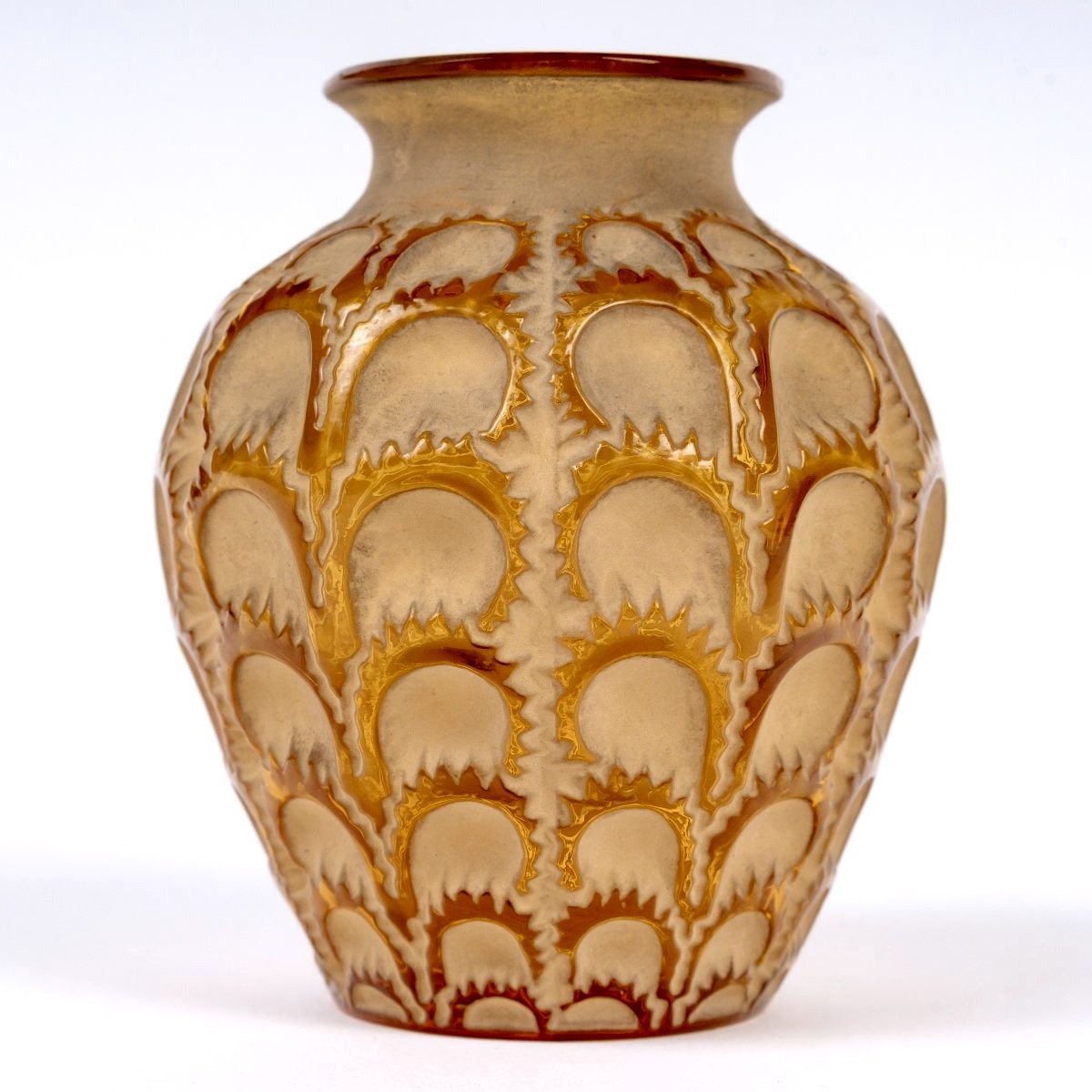 1931 René Lalique - Vase Laiterons Verre Jaune Ambré Patiné Beige