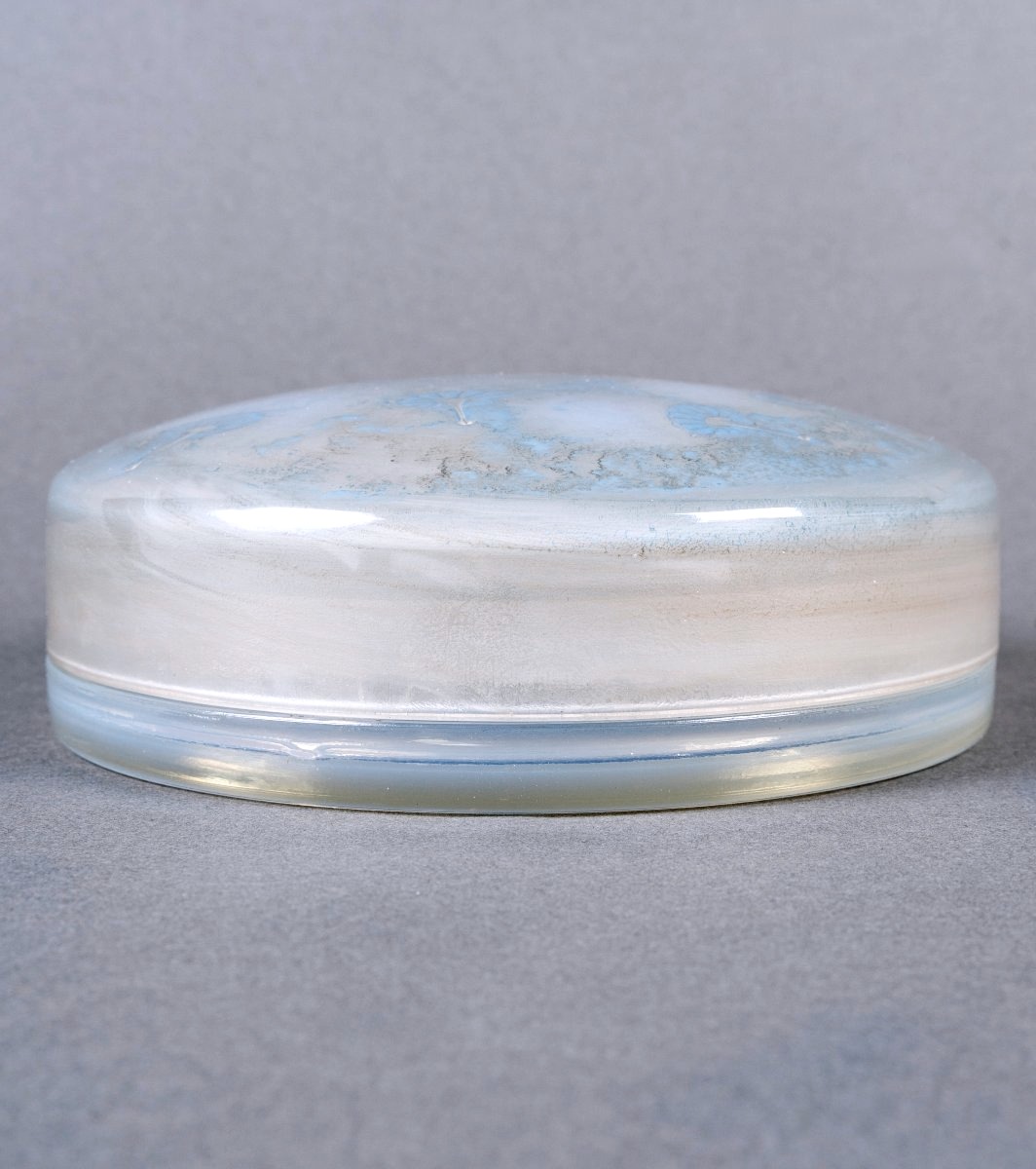 1921 René Lalique - Boîte Houppes Verre Opalescent Patiné Bleu-photo-3