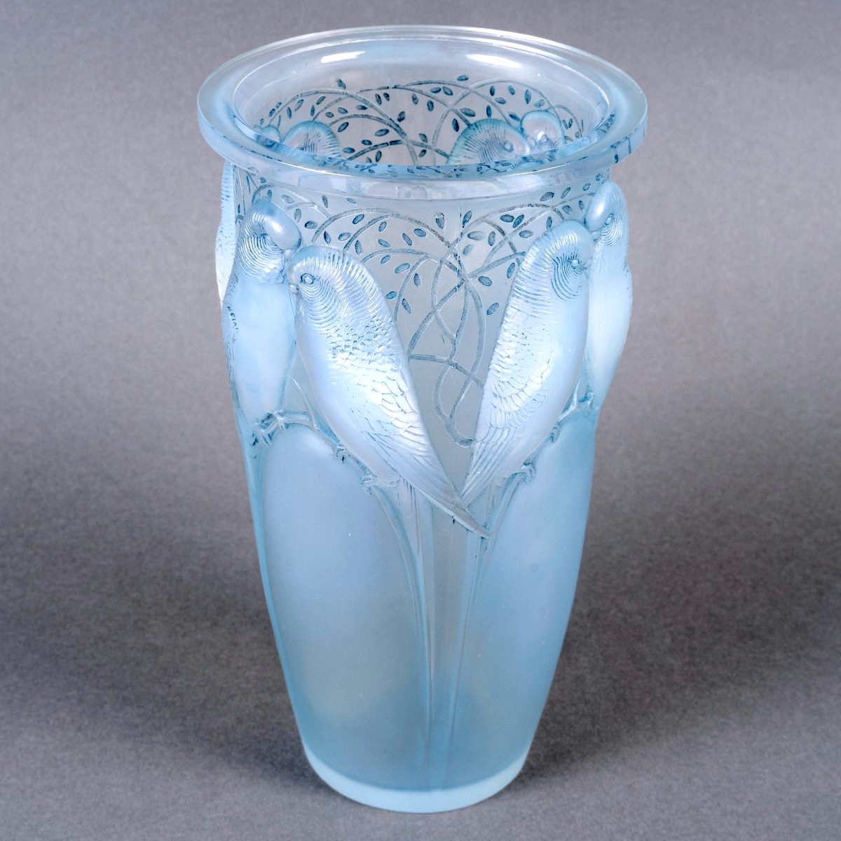 1924 René Lalique - Vase Ceylan Verre Opalescent Patiné Bleu-photo-2