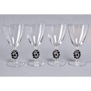 1924 René Lalique - 4 Verres Thionville Verre Blanc Emaillé Noir