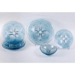 1924 René Lalique - Set Of Tablewares Plates Bowl Coquilles Glass With Blue Patina - 6 Pieces