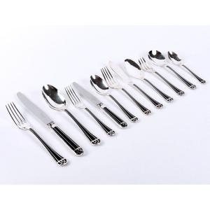 Christofle - Flatware Cutlery Set Talisman Plated Silver & Black Chinese Lacquer - 192 Pieces