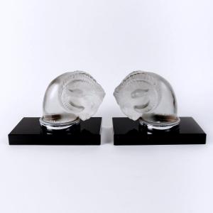 1928 René Lalique - Pair Of Bookends Car Mascots Tete De Belier Glass