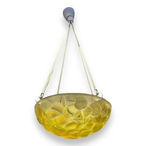 1929 René Lalique - Ceiling Fixture Light Chandelier Lausanne Yellow Amber Glass