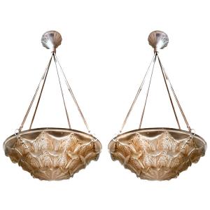 1929 René Lalique - Pair Of Ceiling Fixtures Lights Chandeliers Gaillon Glass With Sepia Patina