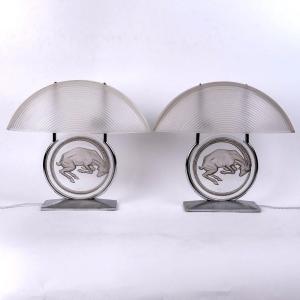 1931 René Lalique - Pair Of Lamps Belier Glass With Grey Patina - Nickel Plated Metal Mount