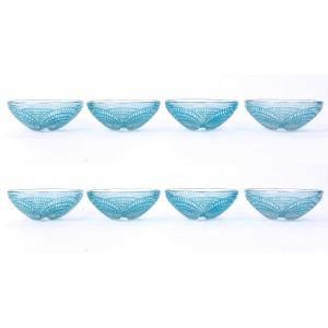 1924 René Lalique - Set Of Tablewares Bowls Coquilles  Glass With Blue Patina - 8 Pieces