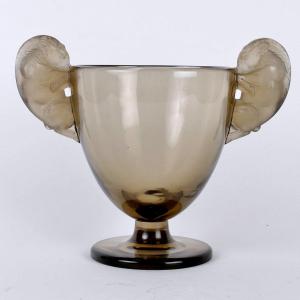 1925 René Lalique - Vase Béliers Verre Gris Topaze Fumé