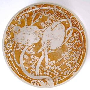 1919 René Lalique - Boîte Deux Oiseaux Verre Blanc Patiné Sépia 