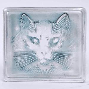 1932 René Lalique - Boîte Chat Verre Blanc Patiné Bleu