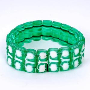 1928 René Lalique - Bracelet Muguet Lily Of The Valley Emerald Green Glass White Enamel