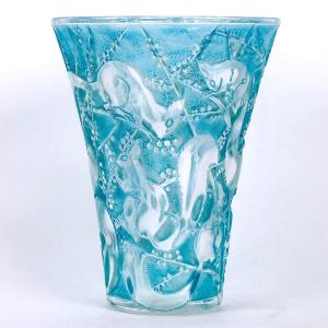 1934 René Lalique - Vase Sénart Verre Blanc Patiné Bleu Ecureuils