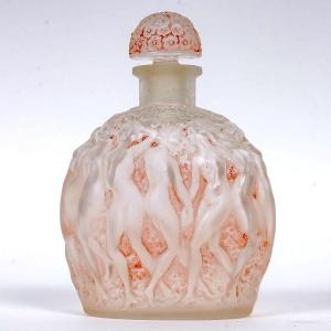 1937 René Lalique - Flacon Calendal Verre Blanc Patiné Rose Pour Molinard