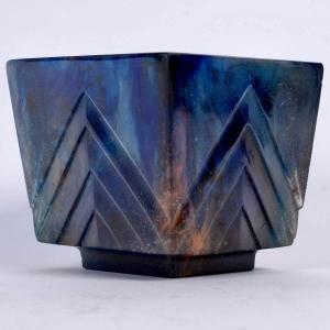 1929 François Décorchemont - Bowl Cup Carrés Chevrons  Glass Pate De Verre