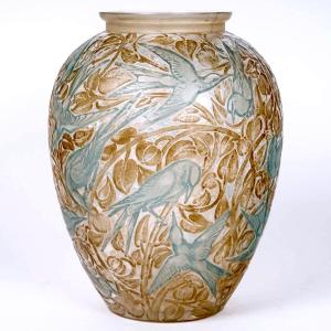 1923 René Lalique - Vase Martin Pecheurs Frosted Glass With Sepia And Gren Patina