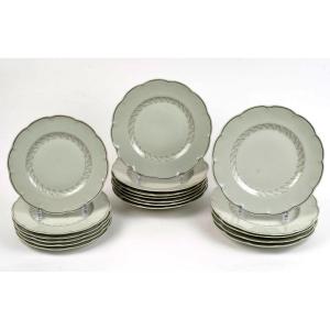 Suzanne Lalique Et Haviland - Assiettes Feuilles Porcelaine Céladon Emaillée Argent - 18 pièces